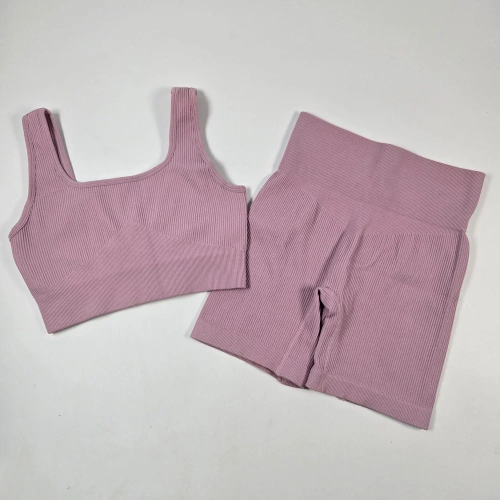 Ribbed Seamless Workout Set Women Small Mauve Yoga Biker Shorts Bra Bundle